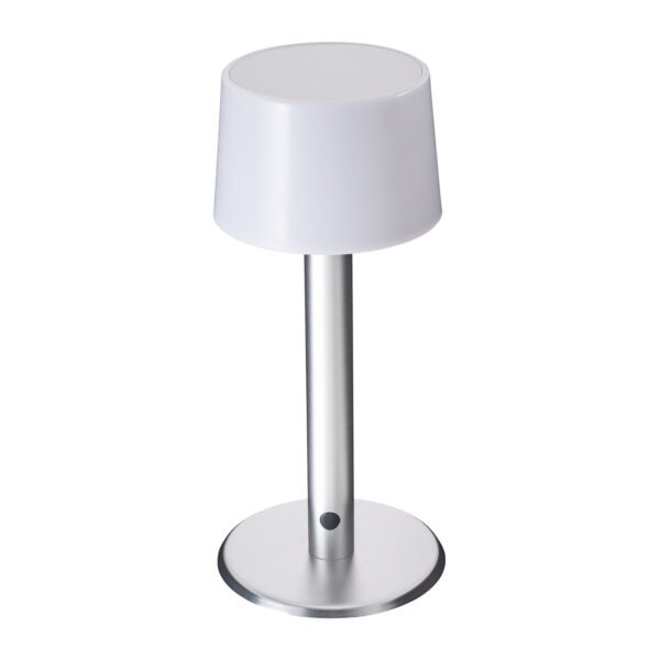 Tischlampe silber mit weißem Schirm